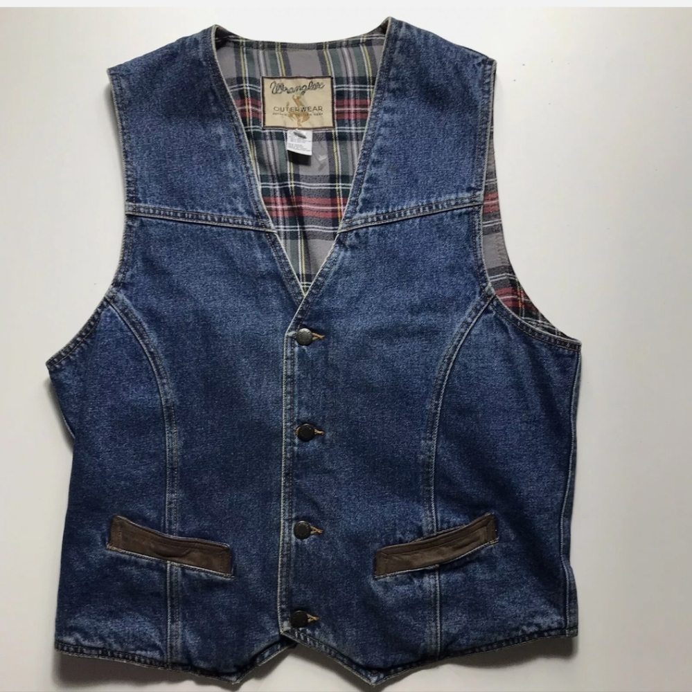 Men’s Vintage Wrangler Outerwear Western Gear Vest Leather Trimmed Size Medium